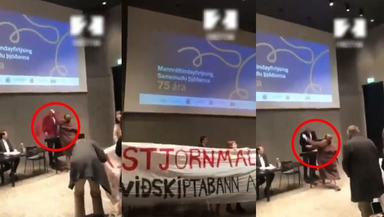 Woman showers red powder at Iceland FM for backing Israel