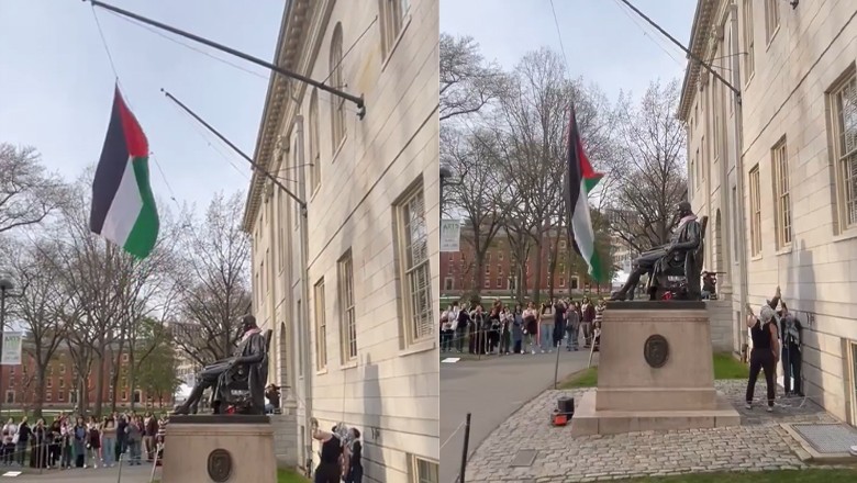 WATCH: Student protesters raise Palestinian flags at Harvard