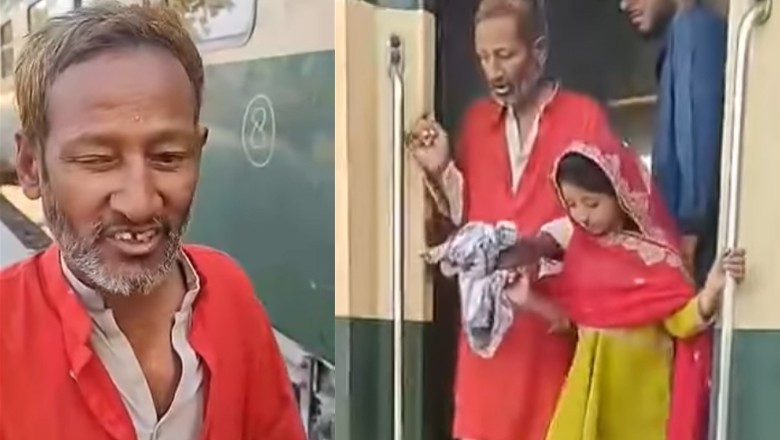 Visually impaired porter carries luggage with help of his daughter in Jacobabad