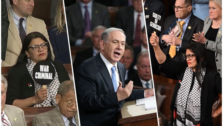 Rashida Tlaib holds "war criminal, guilty of genocide" signs during Netanyahu’s Congress speech