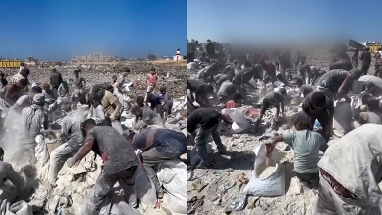 Palestinian children collect spoiled flour in Khan Younis amid food shortage