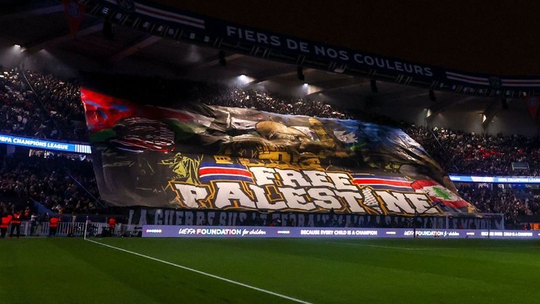 PSG fans display Pro-Palestine banner during Champions League match