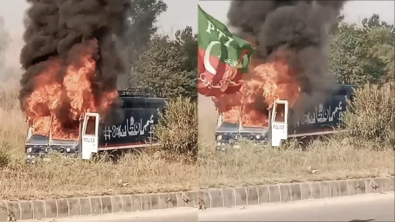 Police van with slogans  of Imran Khan release set on fire